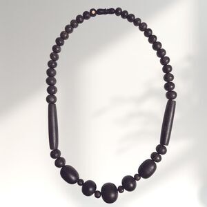 Vintage African Wood Necklace Dark Brown Carved Beaded Folk Art Jewelry Wooden